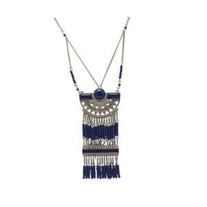 Boho Inspired Blue Beaded Silver Statement Necklace Layered Fringe Design